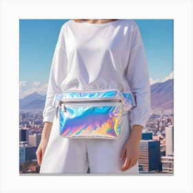 A Woman Wearing A White Sweatshirt And Pants With A Holographic Fanny Pack Stands In Front Of A Cityscape With Mountains In The Background Canvas Print