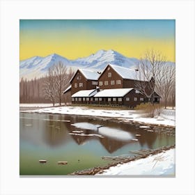 Winter Cabin By The Lake Canvas Print