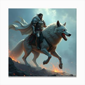 An Armored Warrior Riding A Massive, Glowing Wolf 1 Canvas Print