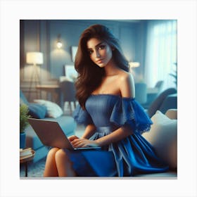 Beautiful Woman In Blue Dress Using Laptop 2 Canvas Print