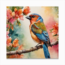 Bird On A Branch Spring Flowers Watercolor Canvas Print