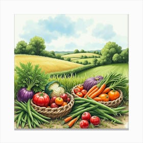 An English Farmer S Field With A Harvest Of Vegetables, Watercolor Art Canvas Print