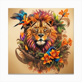 Lion With Flowers And Birds Canvas Print