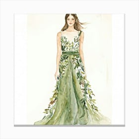 Watercolor Illustration Of An Eco Friendly Frock Flowing Fabric Captured Mid Drape Leaves And Smal Canvas Print