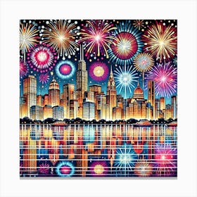 New Year’S Fireworks Skyline Printed Art A Stunning Illustration Of A City Skyline Lit Up By New Year’S Fireworks, Perfect For Bringing Excitement And Celebration To Any Space Printed Art Canvas Print