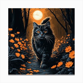 Grey Tabby Cat Walks Moonlit Path With Orange Flowers Stampe su tela