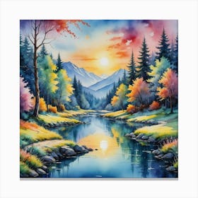 Glowstream: A Radiant Mountain Sanctuary Sunset By The River Canvas Print