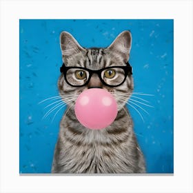 Cat With Big Bubblegum And Glasses Animal Art Print  Canvas Print