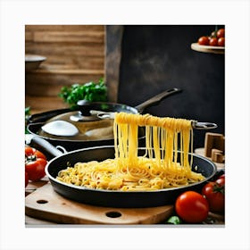 A Pot Of Boiling Pasta On A Stove In The Middle Of Canvas Print