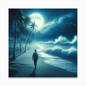 Man Walking On Beach At Night 1 Canvas Print