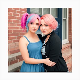 Girls Embracing In front of a Brick House Canvas Print