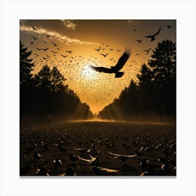 A Sea of Birds in the Sky, Their Shadows Cast by the Low Sun Across the Ground Below Canvas Print