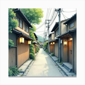 A Quiet Street In Kyoto, Softly Lit By Lanterns, Painted In Delicate Watercolor 1 Canvas Print