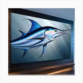 A Breathtakingly Rendered Illustration Of A Majestic Bluefin Marlin, Meticulously Mounted On A Sleek, Dark Stained Wooden Wall, With Meticulous Attention To Detail, Showcasing The Fish S Iridescent Blue And Silver Scales Glimmering 2 Canvas Print