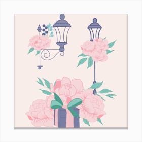 Street Lamps And Peonies Square Canvas Print