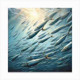 Sardine School - Sardines Art Prints: A school of sardines swimming in the ocean, with the sunlight filtering through the water and the fish shimmering and gleaming. The scene is rendered in a realistic, painterly style. Canvas Print