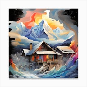 Abstract painting snow mountain and wooden hut 9 Canvas Print