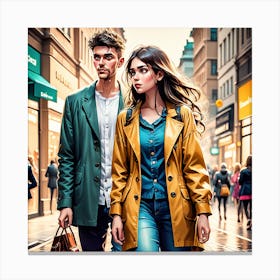 Man And Woman Walking Down The Street Canvas Print