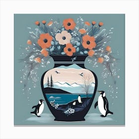 Flower Vase Decorated with Penguin Landscape, Deep Blue, White and Pastel Orange Canvas Print