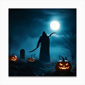 Reaper Silhouette Scythe Raised Against A Backdrop Of A Full Moon On Halloween Night With Wisps O (3) Canvas Print