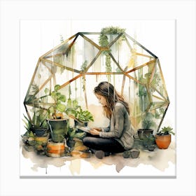Girl In A Greenhouse With Plants Reading Watercolour Canvas Print
