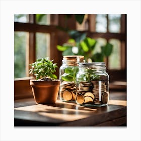 Savings Jars And Plant Canvas Print