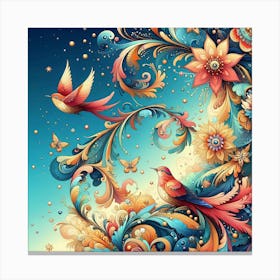 Colorful Flowers And Birds 2 Canvas Print