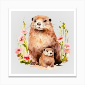 Watercolor Spring Mama And Baby Beavers Canvas Print