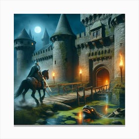 Knight On Horseback In Front Of Castle Canvas Print