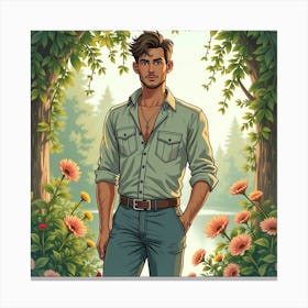 Gorgeous Man In Watercolor Attire, Romantic Garden Setting 1 Canvas Print