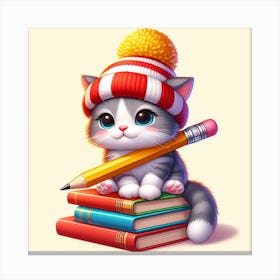 Cute Kitten Sitting On Books 1 Canvas Print