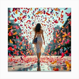 Girl Walking Through Colorful Shoes Canvas Print