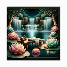 Lotus Pond With Waterfall Canvas Print