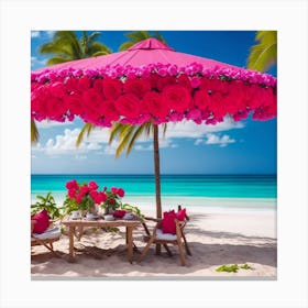 Flowers Umbrella On The Beach Canvas Print