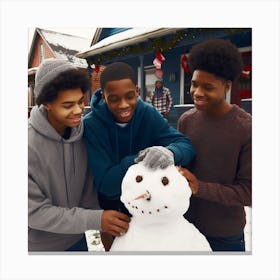 Three Young Men Building A Snowman Canvas Print