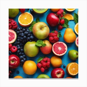Colorful Fruits On Blue Background Canvas Print
