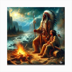 Oil Texture Native American Father And Son By Stream Copy Canvas Print