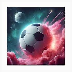 A Photo Realistic Soccer Ball As A Planet In Space With Pink Smoke And Explosions, With 2 Moons In The Background, Digital Art 4 Canvas Print