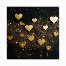 Small Golden Hearts and Glitter On Black Background Canvas Print