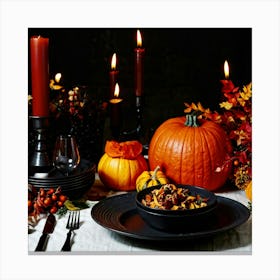 Autumnal Table Setting Cradling A Half Carved Roasted Pumpkin Candlelight Flickering Within Casting (2) Canvas Print