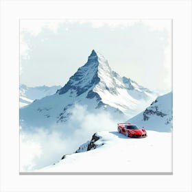 Ferrari By A Watercolor Snowy Mountain Peak With Gentle Snowfall 1 Canvas Print