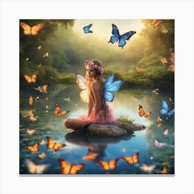 Fairy sitting in a magical lake, with butterflies Canvas Print