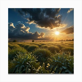 A Beautiful Blue Heavenly Sky With The Sun Peeking Behind Glowing Onto A Landscape 2 1 Canvas Print