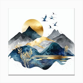 Mountains And Birds Landscape Watercolor Abstract Canvas Print