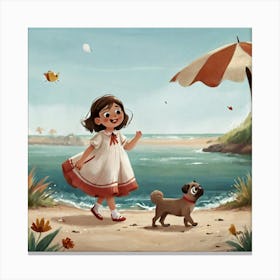 Little Girl And Dog On The Beach Canvas Print