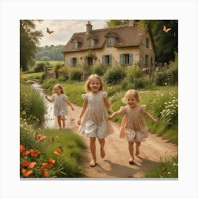 Three Girls Running Down A Country Road Canvas Print