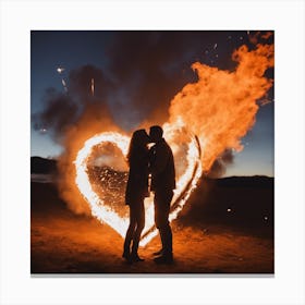 Couple kissing In Front of Fire Art Canvas Print