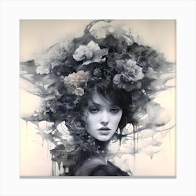 Ink & Watercolour Girl With Floral Hair, Surreal Witch Canvas Print