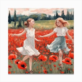 Two Girls In A Poppy Field 1 Canvas Print