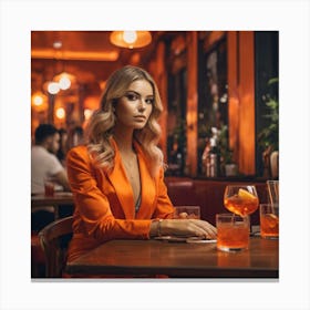 Blond Woman In Orange Dress In A Restaurant Canvas Print